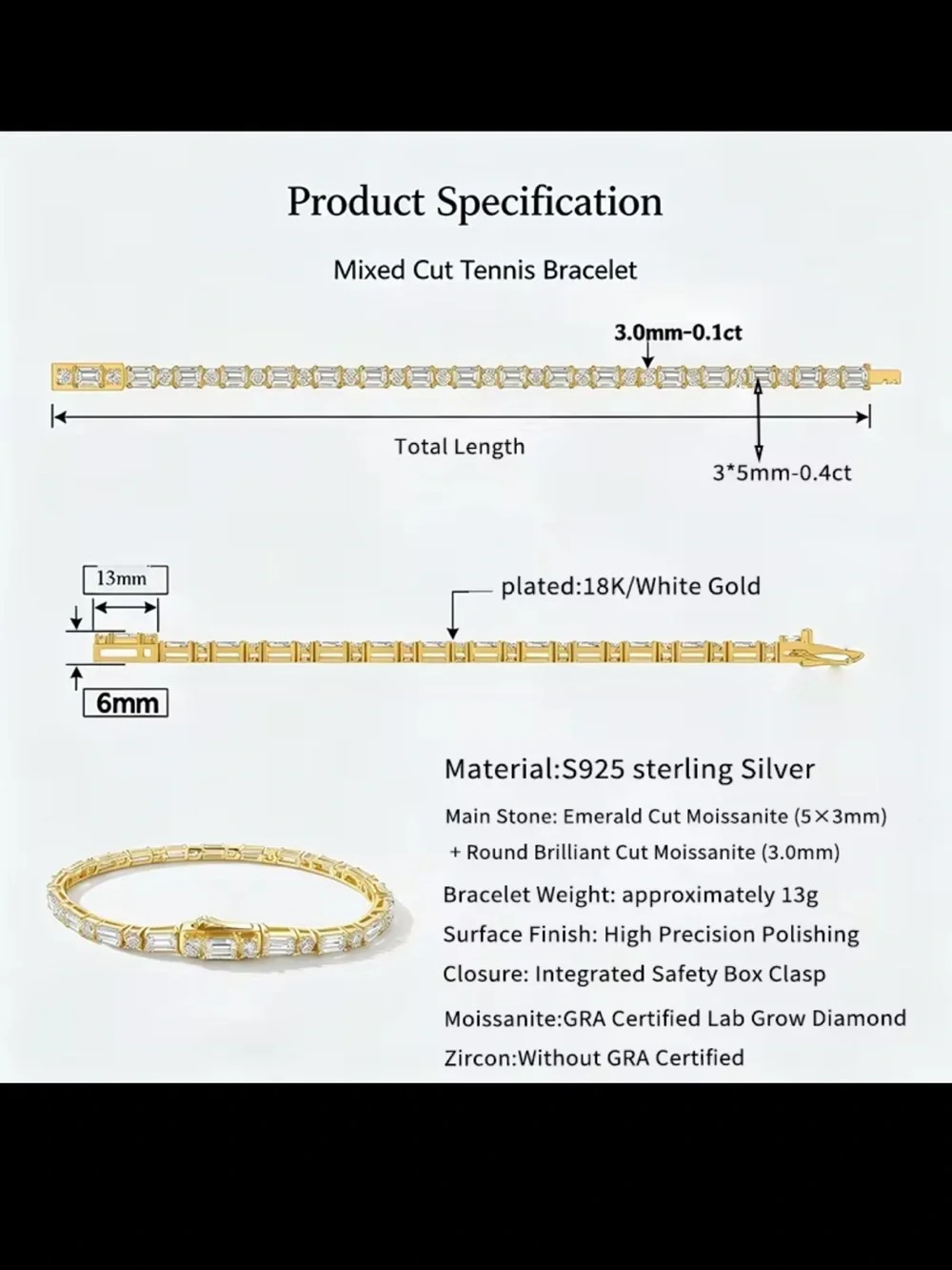 18K White Gold - Silver Moissanite Bracelet 3mm - D/VVS1